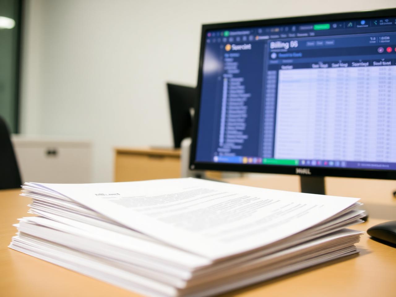 Pila de contratos de servicio junto a un monitor con la planilla de facturación