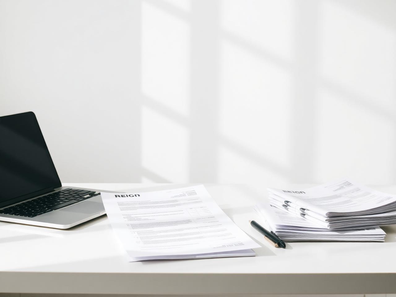 Escritorio de oficina con contratos impresos junto a una notebook