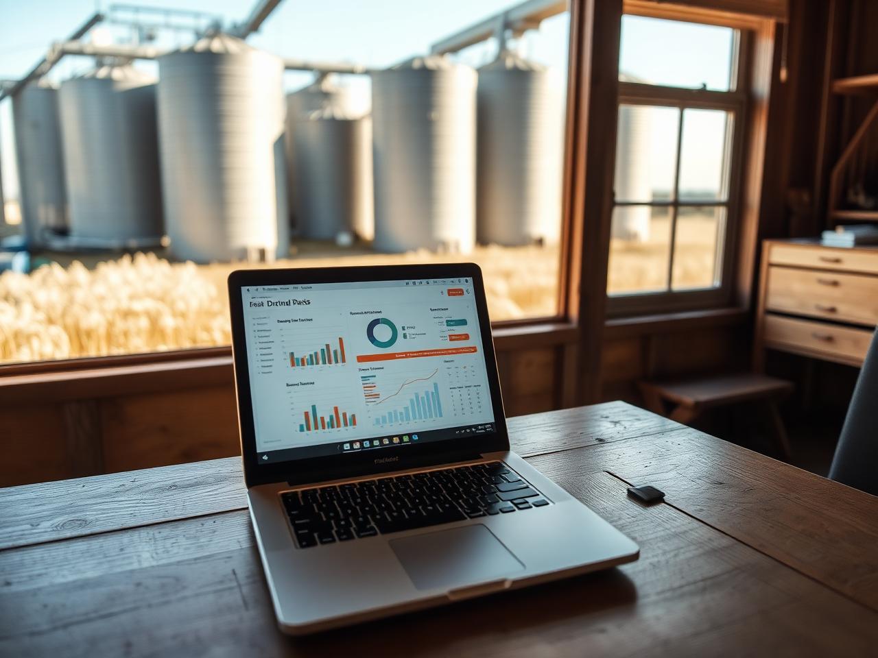 Notebook con un tablero de indicadores en una oficina rural, con silos de fondo